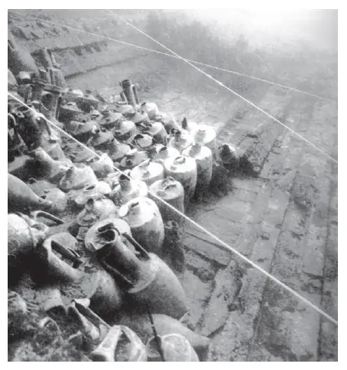 Shipwreck off the south coast of France, first century BCE. The amphorae are Italian, bearing the stamp of a producer near the Lake of Fondi.